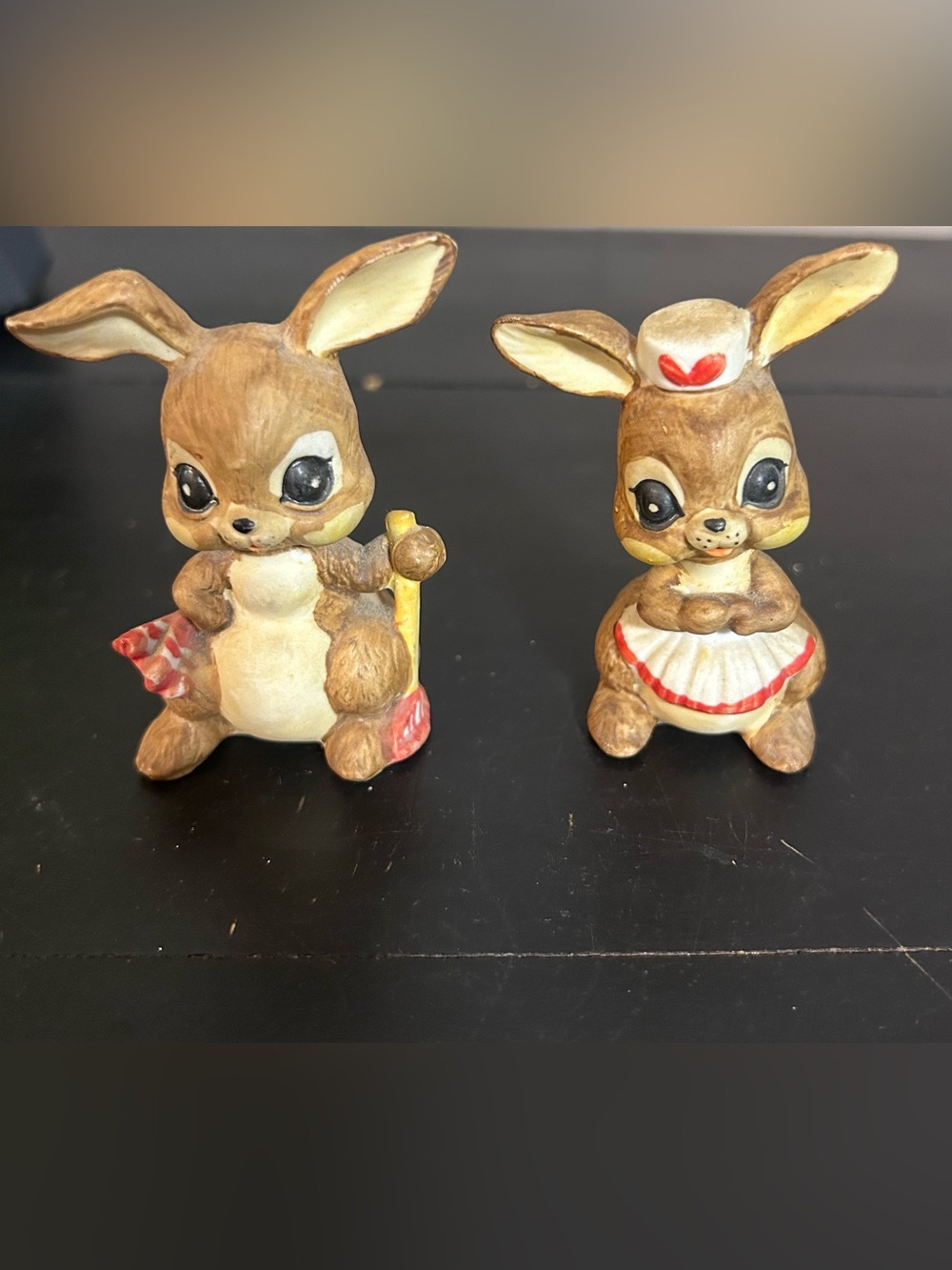 Adorable Vintage Ceramic Bunny Figurines - Brown & Cream with Red Accents